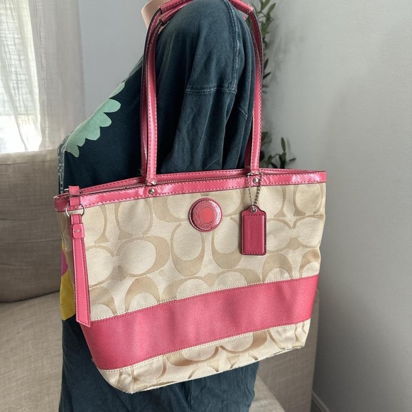 Coach Handbags - Coach signature stripe pink and tan leather/canvas tote shoulder bag